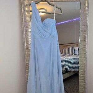 A light baby blue Davids Bridal one shoulder dress